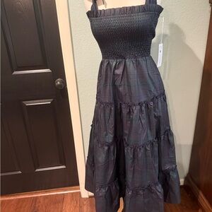 J.Marie Navy with green plaid Smocked Maxi Dress size xs NWT